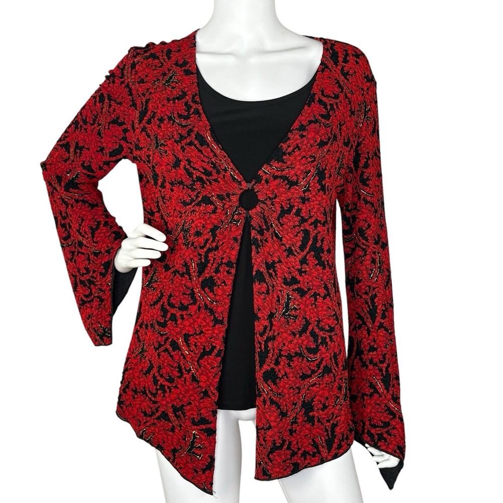 Vtg 90s Y2K Blouse Top Bell Sleeves Stretch Goth Layered Red Black Gold Size L